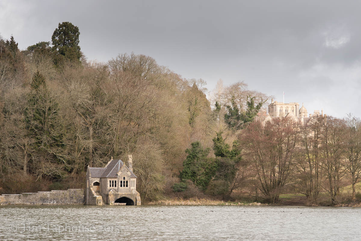 The boathouse at Tortworth Lake, with Tortworth Court Hotel behind