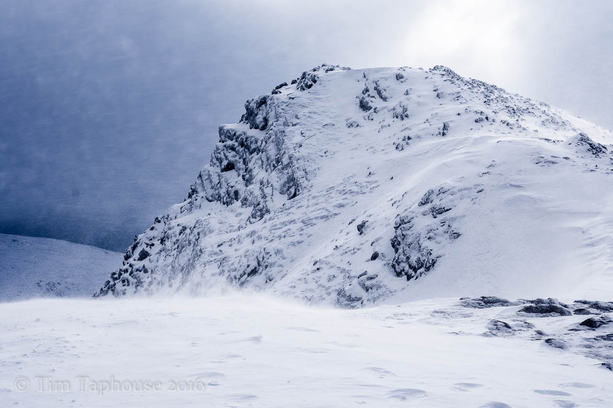 Approaching Y Garn summit, wind blowing the snow
