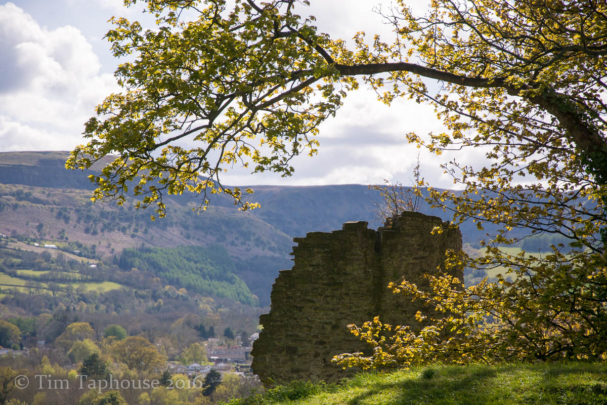 Crickhowell Castle on the way home, with the Llangattock escarpment behind, home of some great caves